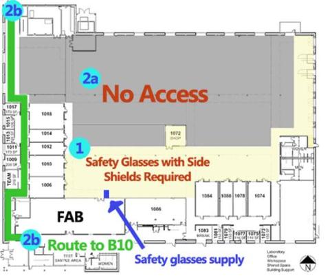A map of lab with safety equipment and supplies highlighted.