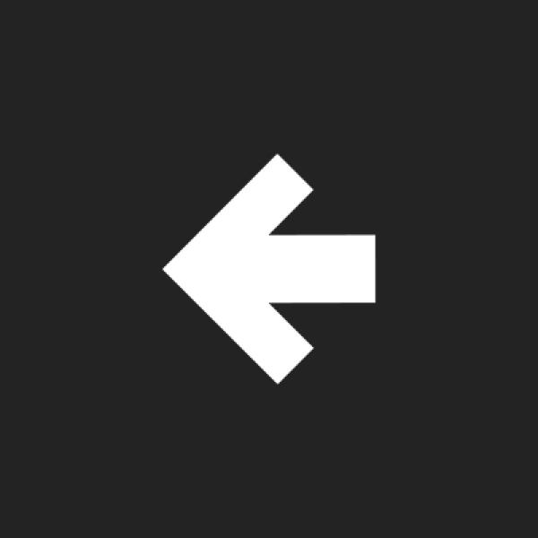 A white left-pointing arrow on a black background, commonly recognized as a back button or return symbol in user interface design.