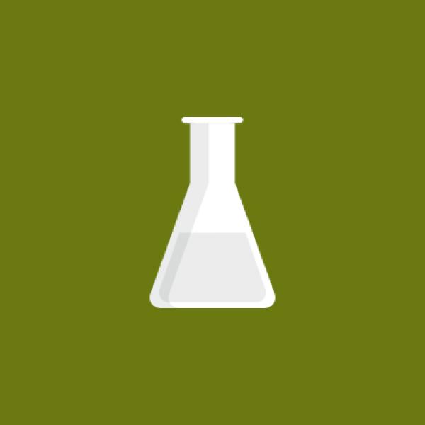 A white Erlenmeyer flask icon on an olive green background, typical imagery for chemistry or laboratory work.