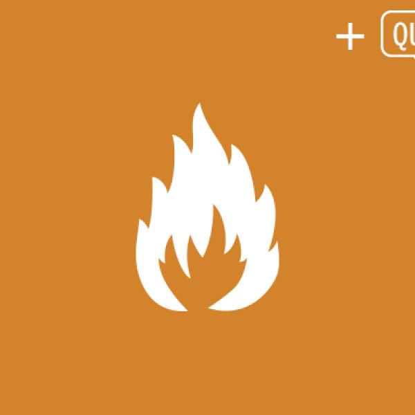 A white flame icon plus a "QUIZ" text on a burnt orange background, indicating a quiz related to fire safety or hazards.