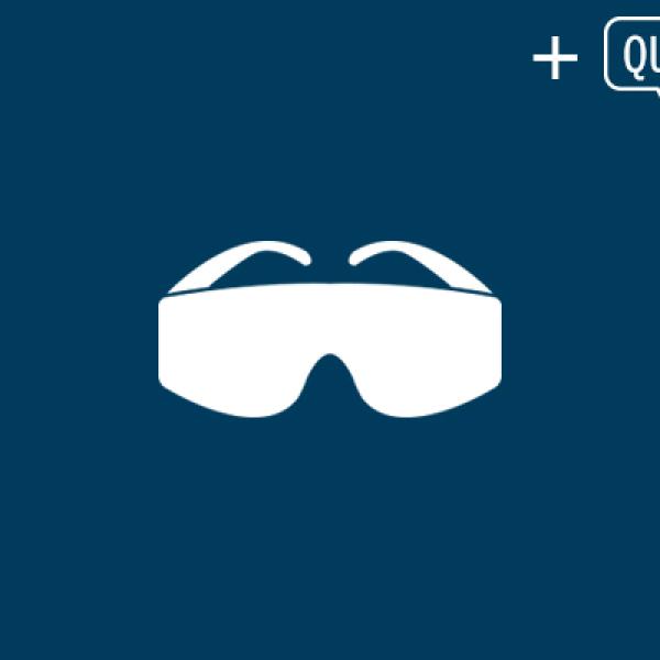 White safety goggles icon and a "QUIZ" text with a plus sign on a navy blue background, suggesting a combination of lab safety education and assessment.